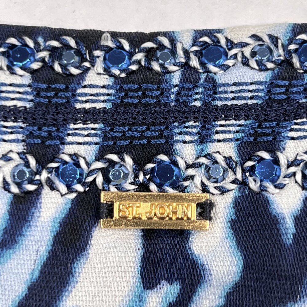 St. John Vintage Silk Split-Neck Blue Crystals Animal Print‎ Blouse Size L - Picture 4 of 10